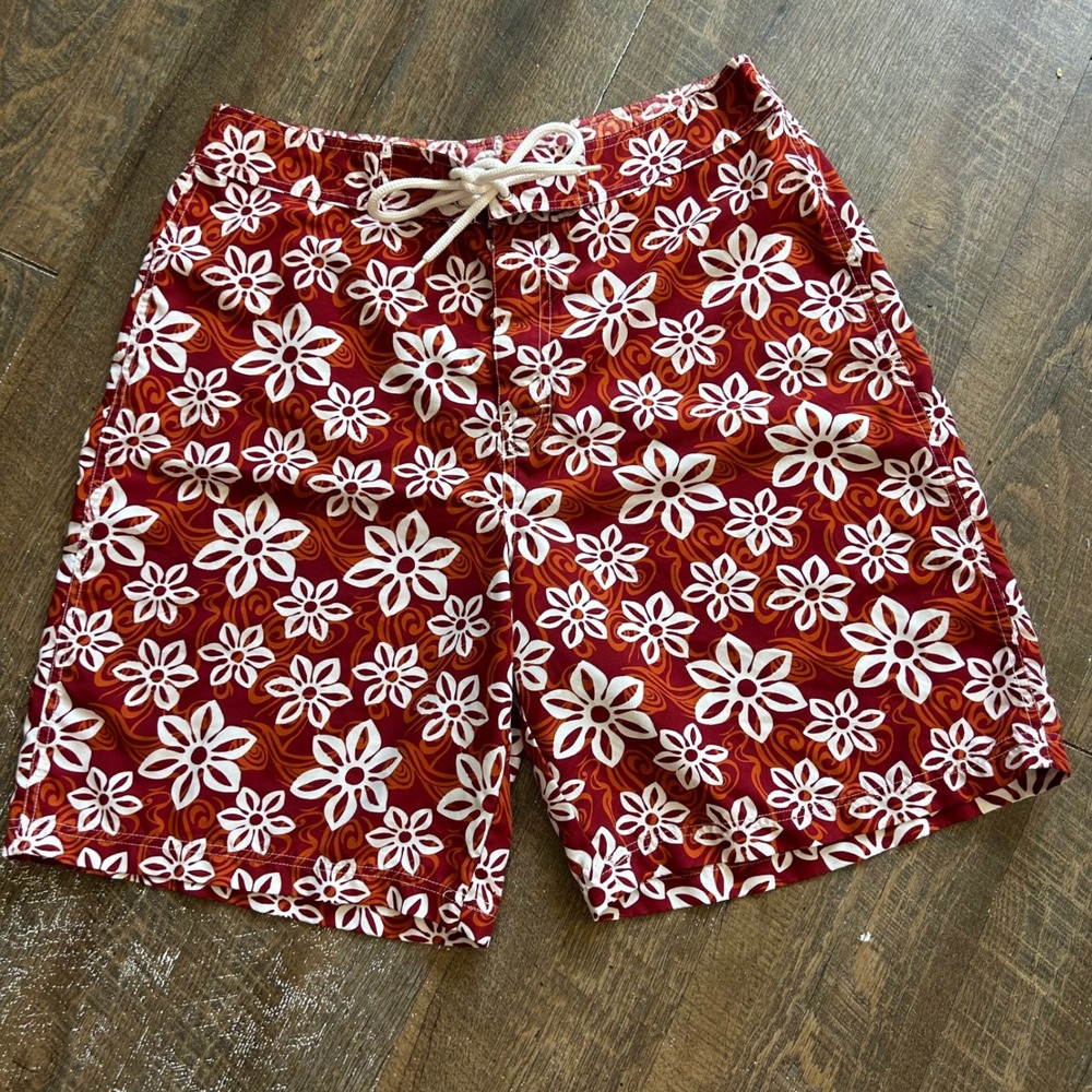 Utility Mens Red Floral Hibiscus Board Shorts Swim Trunks ‎ 34 Drawstring Waist